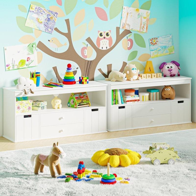 Beyaz MDF 2 Çekmeceli ve 2 Sepetli Kitaplıklı Montessori Oyuncak Dolabı - 132x62 cm - 150285