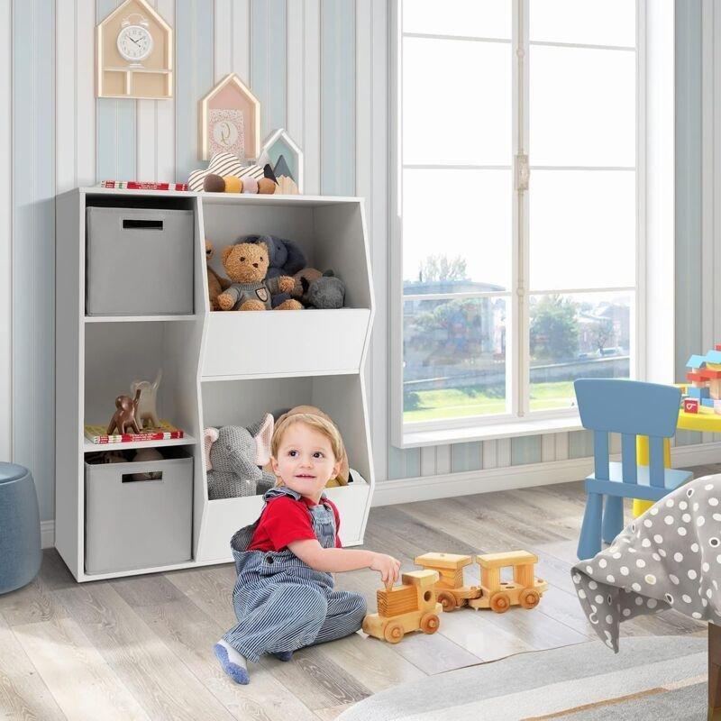 Beyaz MDF 2 Kumaş Sepetli Raflı Oyuncak Dolabı - 77x33x94 cm - 150595