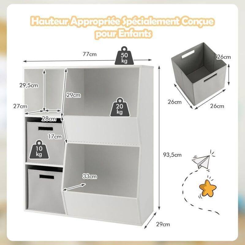 Beyaz MDF 2 Kumaş Sepetli Raflı Oyuncak Dolabı - 77x33x94 cm - 150595