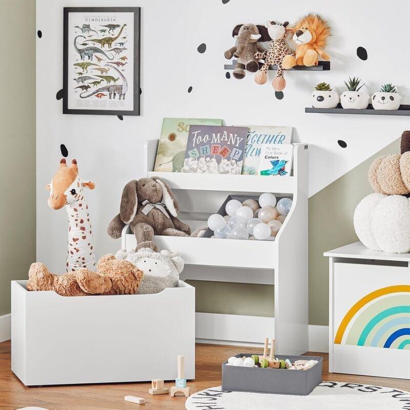 Beyaz MDF 2 Kumaş Sepetli Tekerlekli Çekmeceli Raflı Oyuncak Dolabı - 63x32x80 cm - 150905