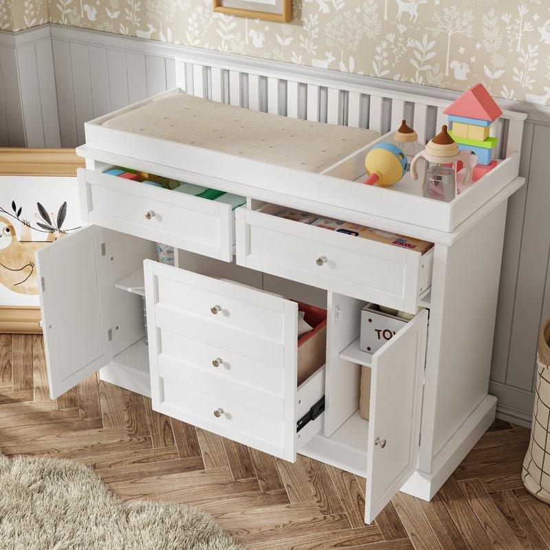 Beyaz MDF 3 Çekmeceli 2 Kapaklı Metal Kulplu Alt Değiştirme Masası - 118 cm - 163240