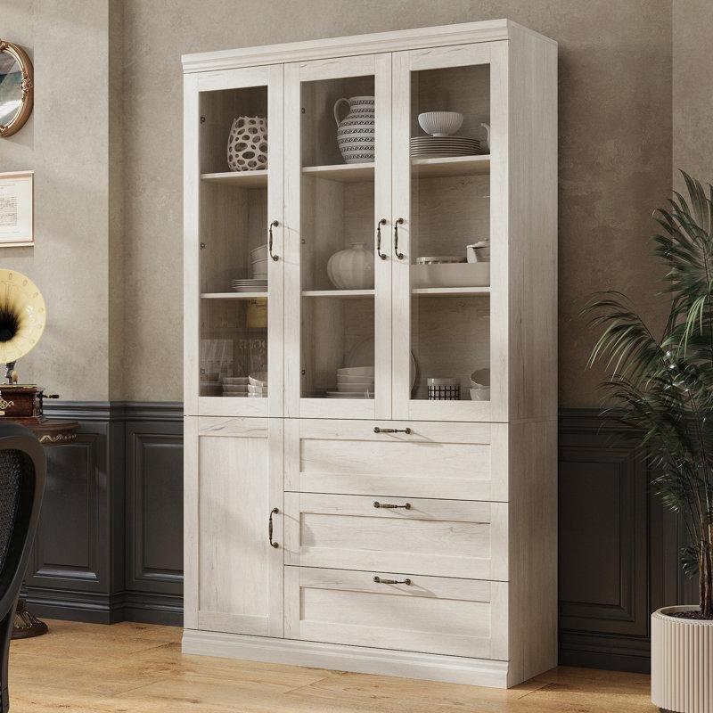 Beyaz MDF 3 Çekmeceli Cam Kapaklı Vitrin - Gümüşlük - 120x40x203 cm - 157105
