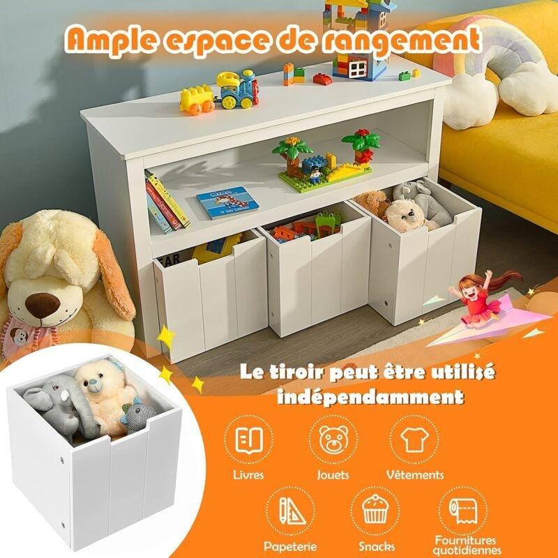 Beyaz MDF 3 Çekmeceli Tekerlekli Açık Raflı Oyuncak Dolabı - 101x33x62 cm - 150940