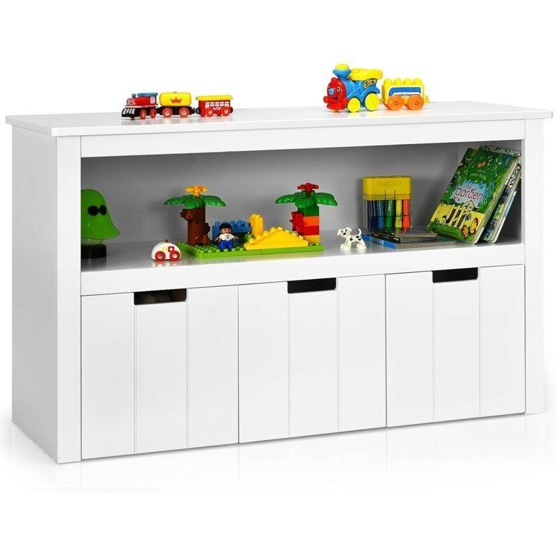 Beyaz MDF 3 Çekmeceli Tekerlekli Açık Raflı Oyuncak Dolabı - 101x33x62 cm - 150940
