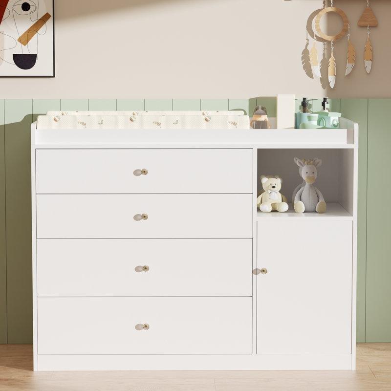 Beyaz MDF 5 Çekmeceli Çıkarılabilir Üst Tablalı Alt Değiştirme Masası - 115x45x92 cm - 163216