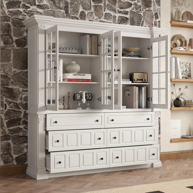 Beyaz MDF 6 Çekmeceli Cam Kapaklı Vitrin Gümüşlük - 190x190x45 cm - 157129