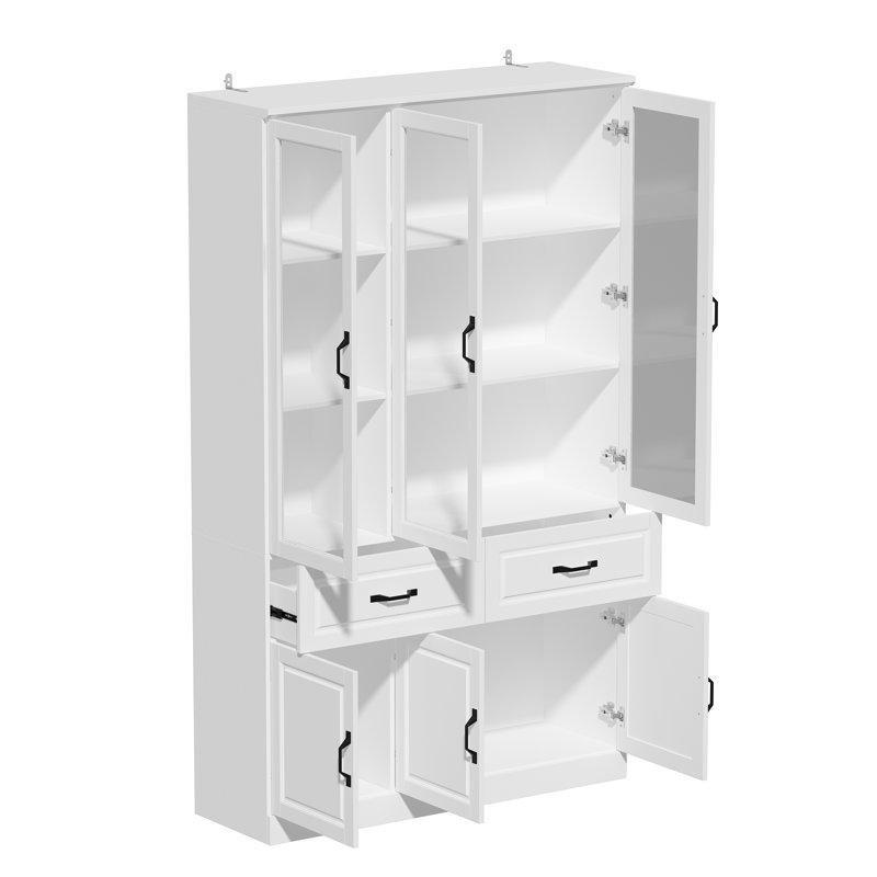 Beyaz MDF 6 Kapaklı 2 Çekmeceli Camlı Vitrin - Gümüşlük - 200 cm - 157081