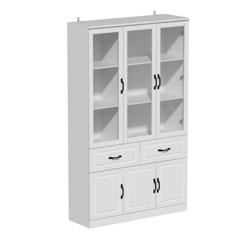 Beyaz MDF 6 Kapaklı 2 Çekmeceli Camlı Vitrin - Gümüşlük - 200 cm - 157081