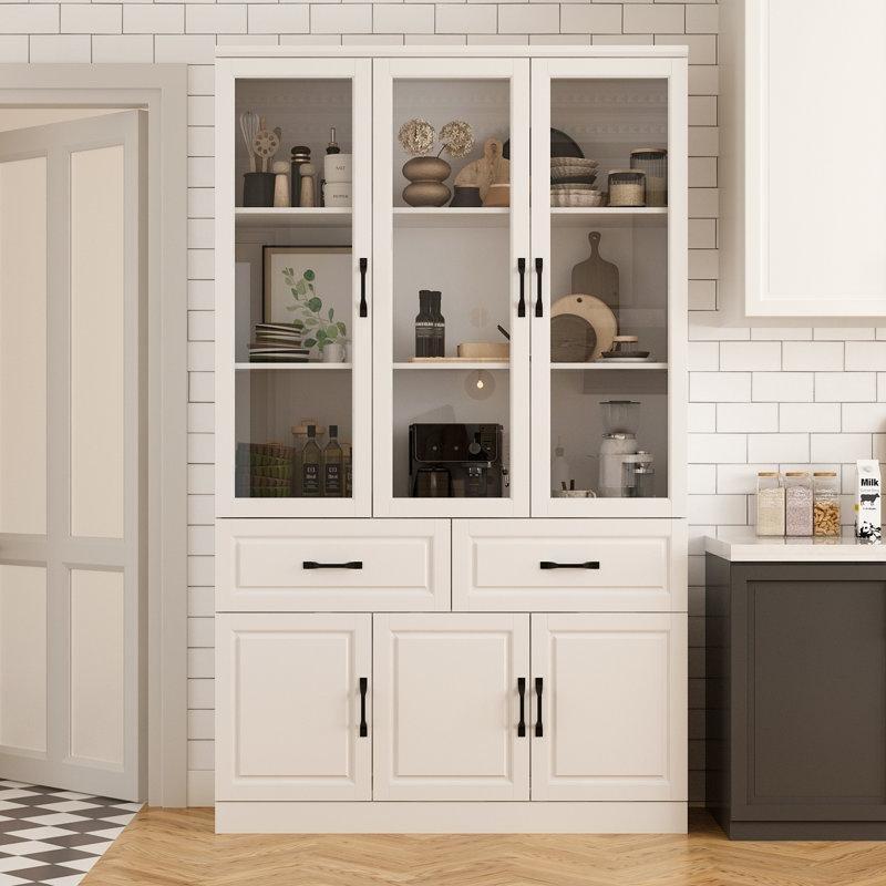Beyaz MDF 6 Kapaklı 2 Çekmeceli Camlı Vitrin - Gümüşlük - 200 cm - 157081