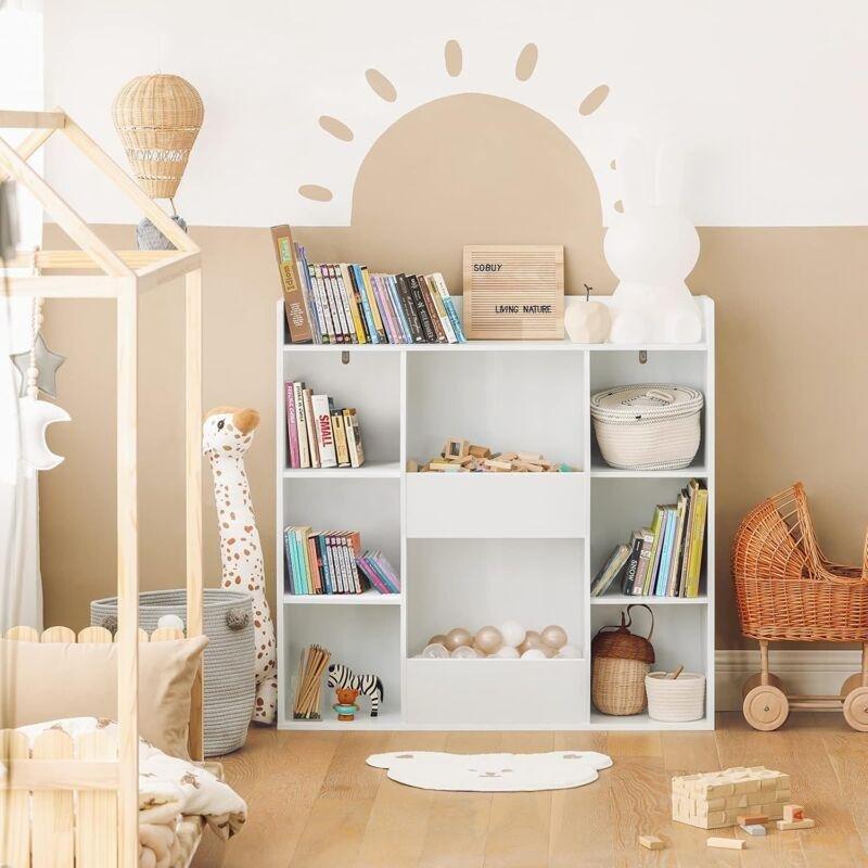 Beyaz MDF 8 Bölmeli Kitaplıklı Oyuncak Dolabı - 106x30x104 cm - 151008