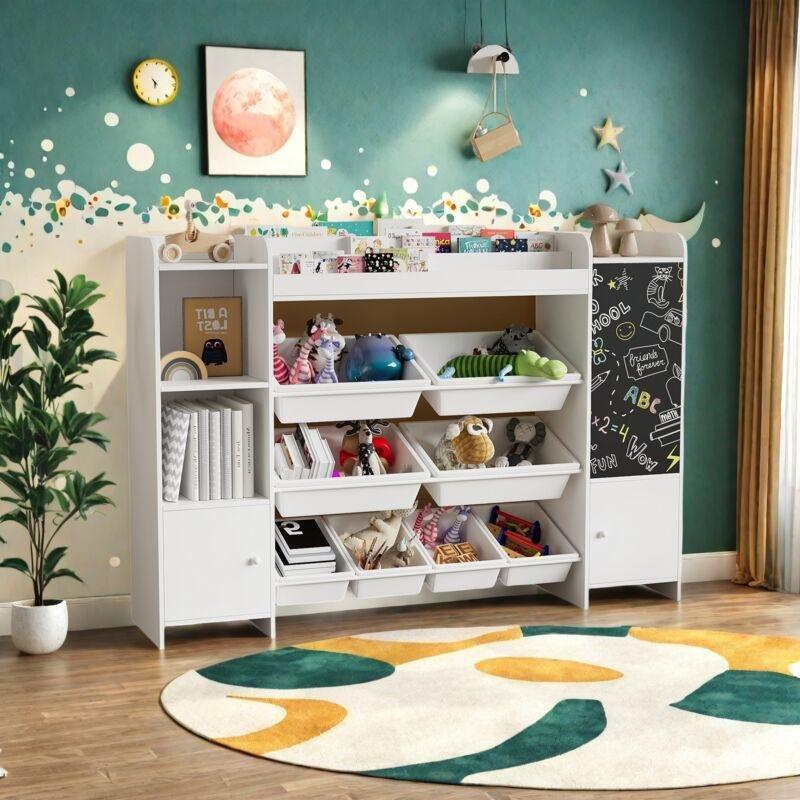 Beyaz MDF 8 Saklama Kutulu 2 Kapaklı Kara Tahtalı Oyuncak Dolabı - 138x30x95 cm - 150871