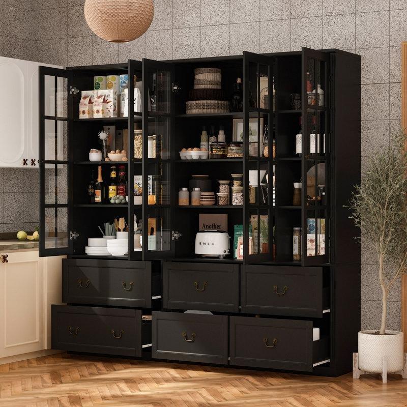 Beyaz MDF Cam Kapaklı 6 Çekmeceli Vitrin - Gümüşlük - 200x200 cm - 157033