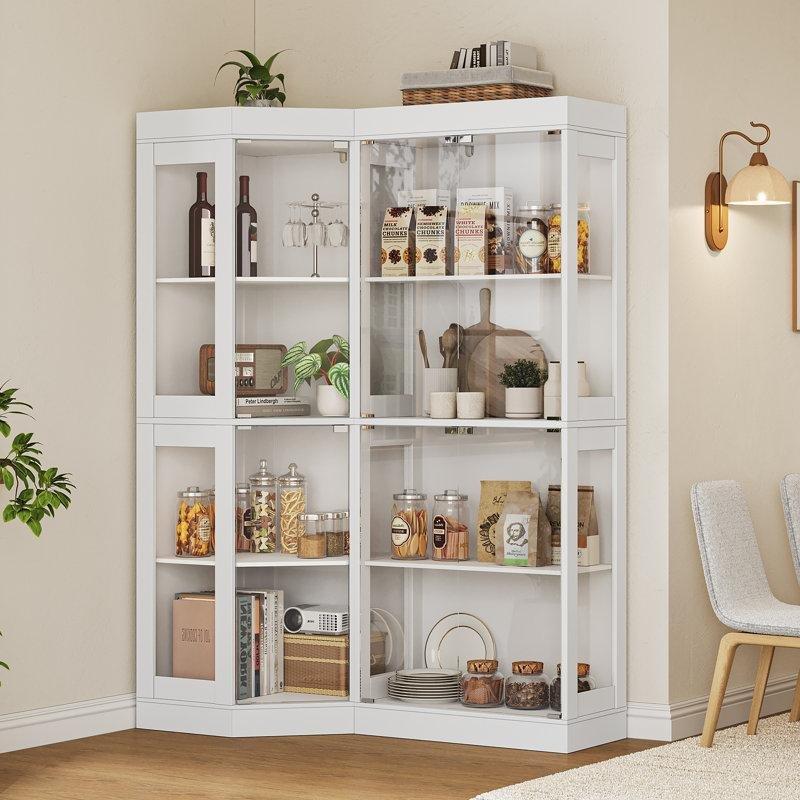 Beyaz MDF Cam Kapaklı Köşe 6 Raflı Vitrin - Gümüşlük - 130x60x178 cm - 156823