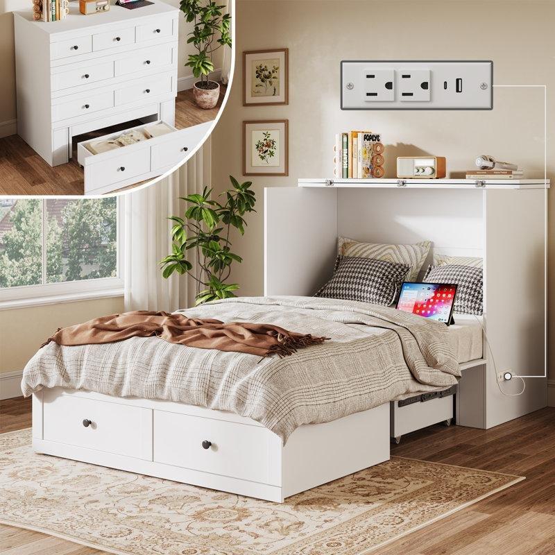Beyaz MDF Çekmeceli Şarj Üniteli Duvar Yatağı - 104 cm - 144465
