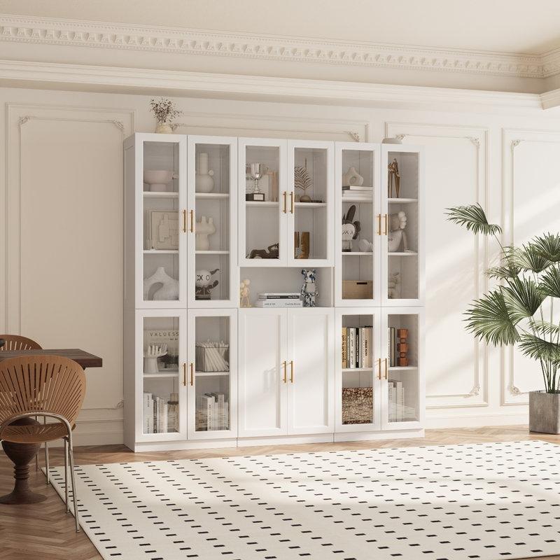 Beyaz MDF Gold Kulplu Cam Kapaklı Modüler Vitrin - Gümüşlük - 180x181 cm - 157219