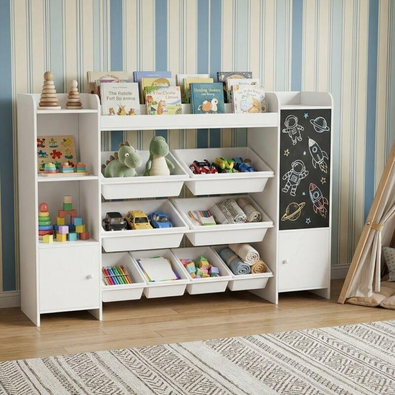 Beyaz MDF Kara Tahtalı ve 8 Sepetli Oyuncak Dolabı - 137x30x95 cm - 150709