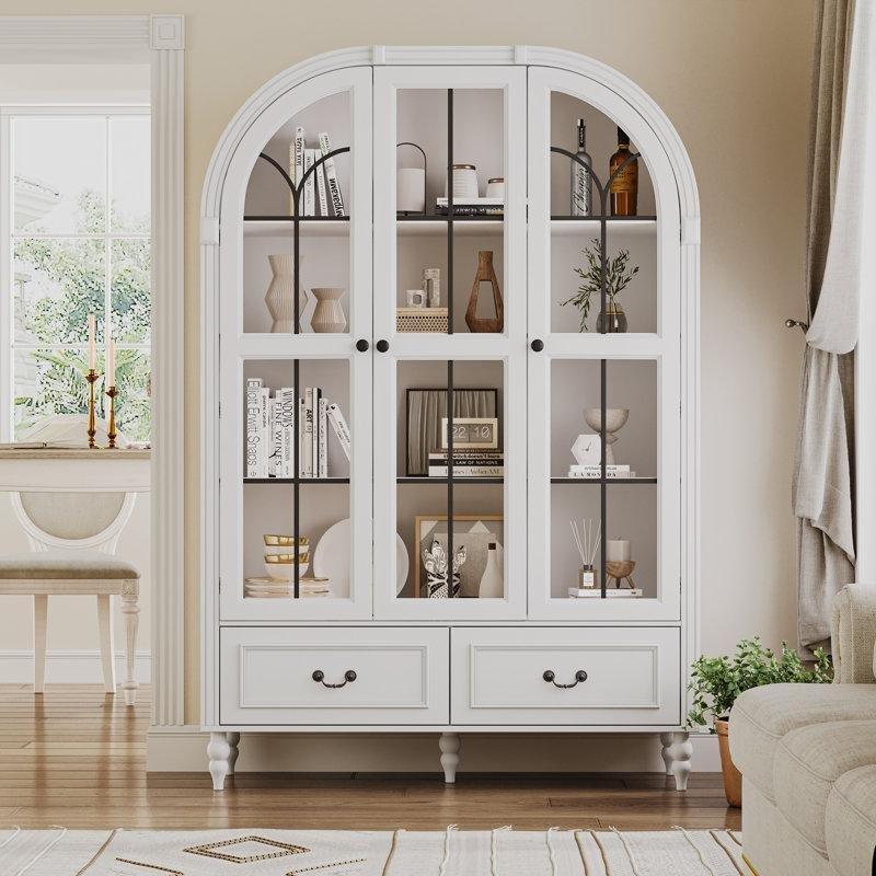 Beyaz MDF Kemerli Çekmeceli Cam Kapaklı Vitrin - Gümüşlük - 120x40x180 cm - 157102