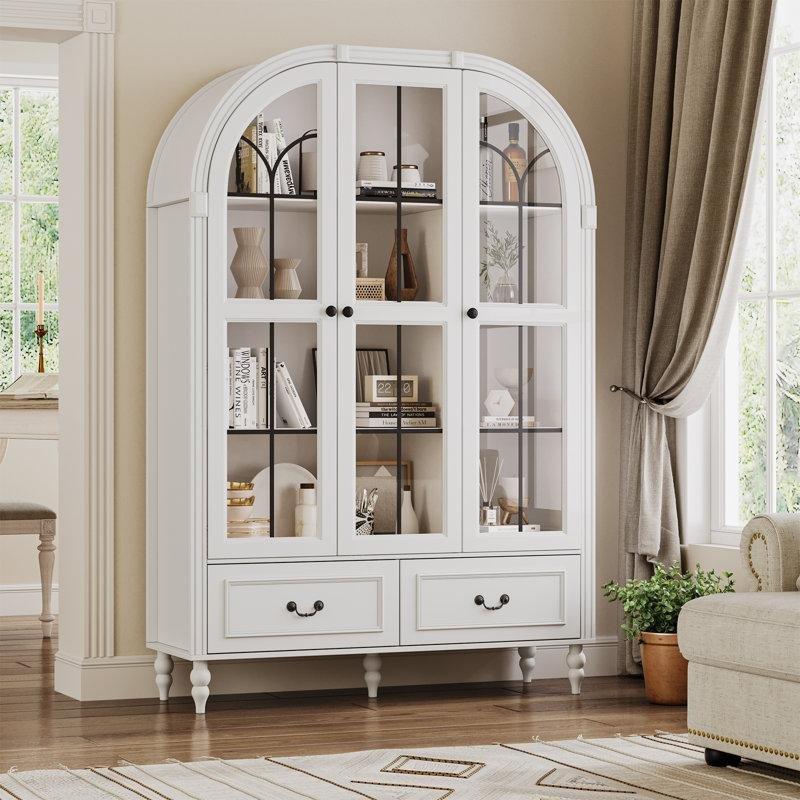 Beyaz MDF Kemerli Çekmeceli Cam Kapaklı Vitrin - Gümüşlük - 120x40x180 cm - 157102