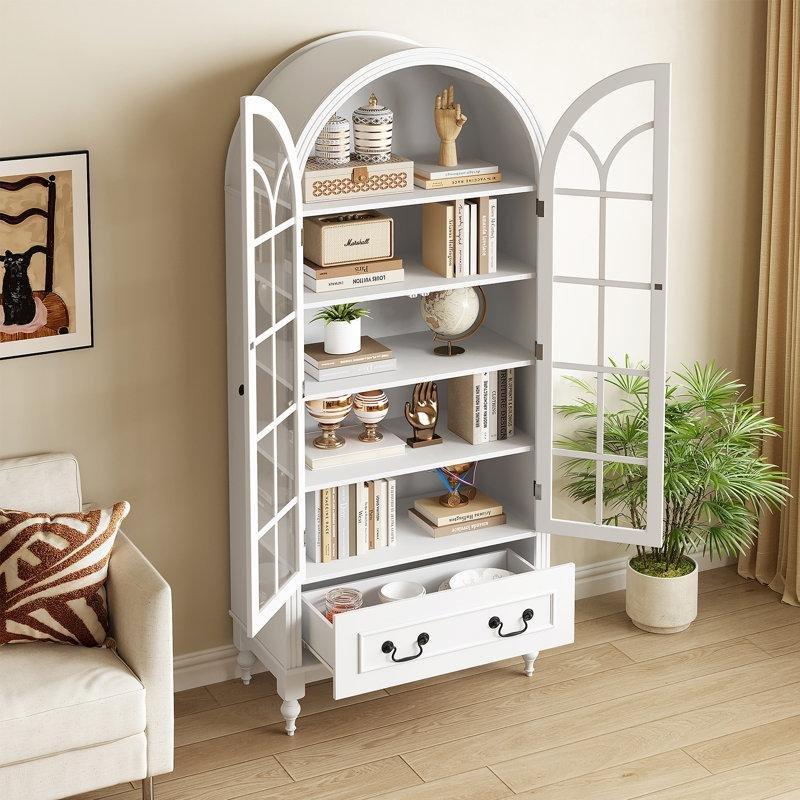 Beyaz MDF Kemerli Çekmeceli Cam Kapaklı Vitrin - Gümüşlük - 170 cm - 157066