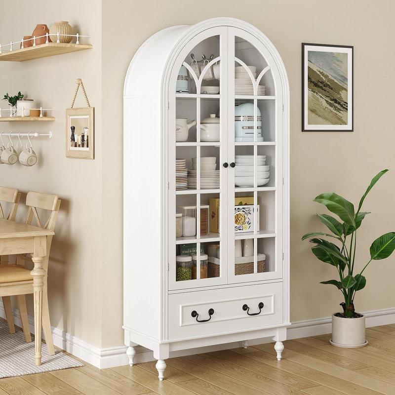 Beyaz MDF Kemerli Çekmeceli Cam Kapaklı Vitrin - Gümüşlük - 170 cm - 157066