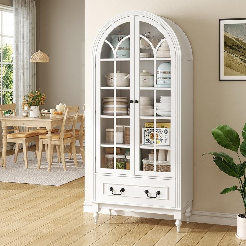 Beyaz MDF Kemerli Çekmeceli Cam Kapaklı Vitrin - Gümüşlük - 170 cm - 157066