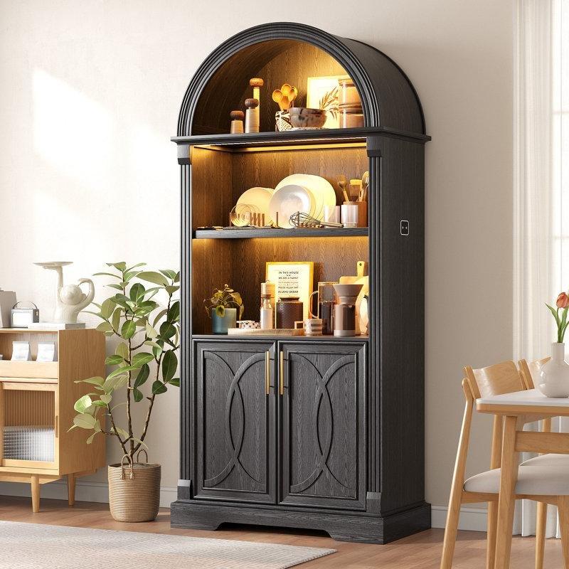Beyaz MDF Kemerli LED Aydınlatmalı ve Şaraplıklı Vitrin - Gümüşlük - 80x40x180 cm - 156880