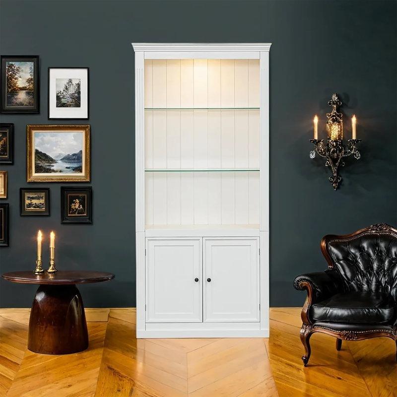 Beyaz MDF LED Aydınlatmalı Ayarlanabilir Cam Raflı Retro Vitrin - Gümüşlük - 201 cm - 156931