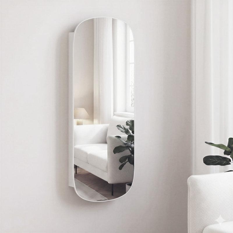 Beyaz MDF LED Işıklı Kilitli Duvara Monte Aynalı Takı Dolabı - 108x42 cm - 145143