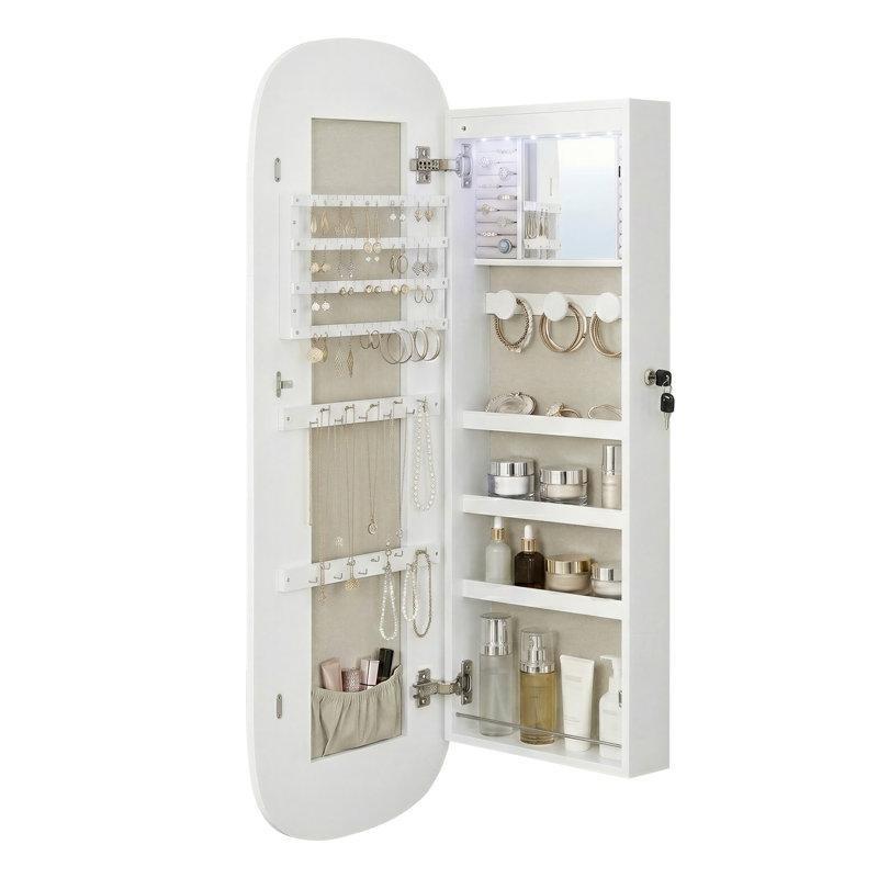 Beyaz MDF LED Işıklı Kilitli Duvara Monte Aynalı Takı Dolabı - 108x42 cm - 145143