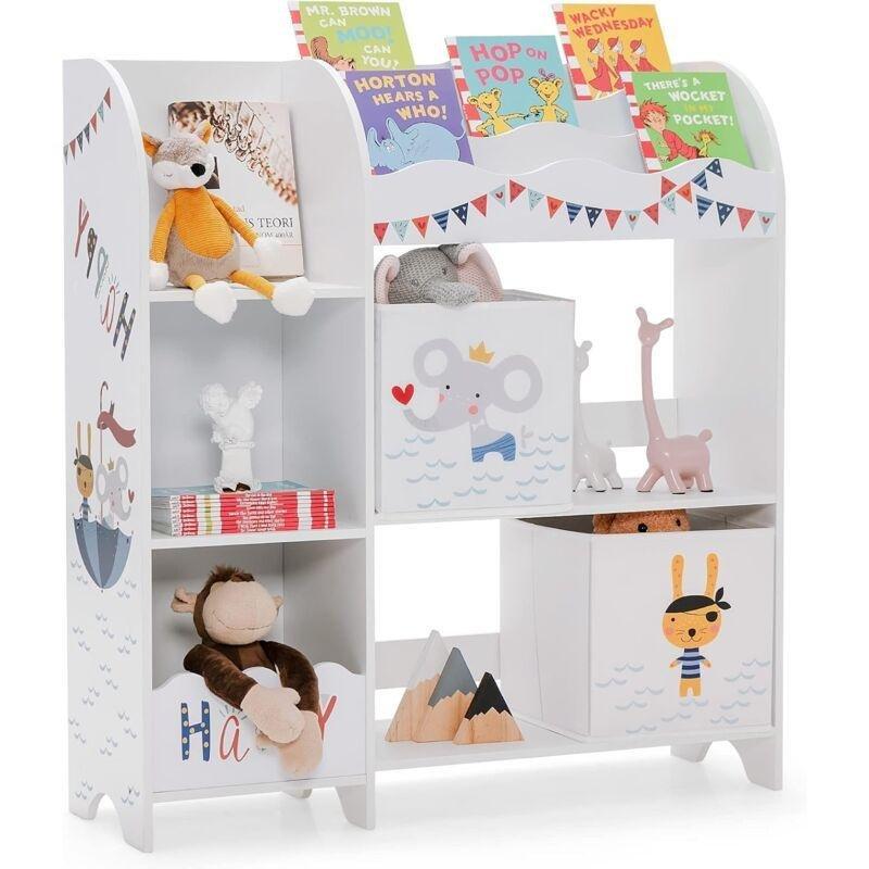 Beyaz MDF Okyanus Temalı 2 Kumaş Çekmeceli Raflı Oyuncak Dolabı - 93x30x102 cm - 150886