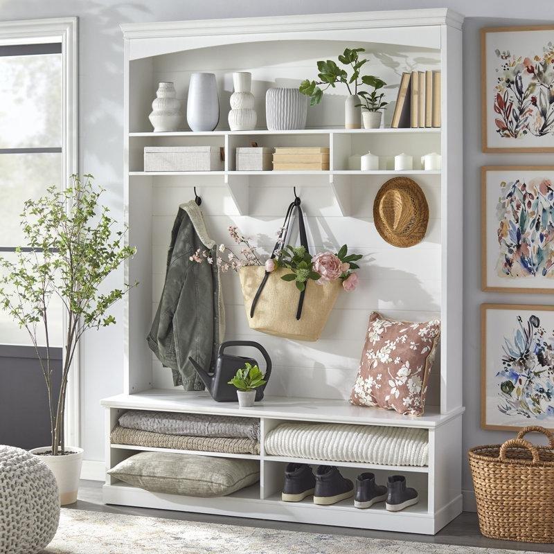 Beyaz MDF Oturaklı Ayakkabılıklı Duvara Monte Portmanto Vestiyer - 155 cm - 159679