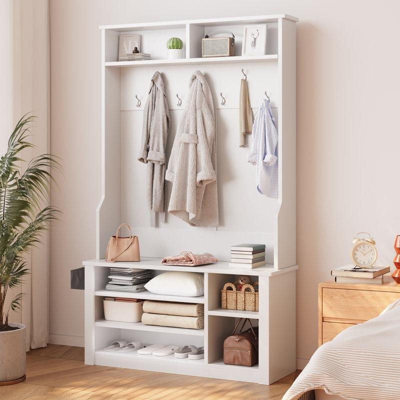 Beyaz MDF Oturaklı Ayakkabılıklı ve LED Işıklı Portmanto Vestiyer - 159643