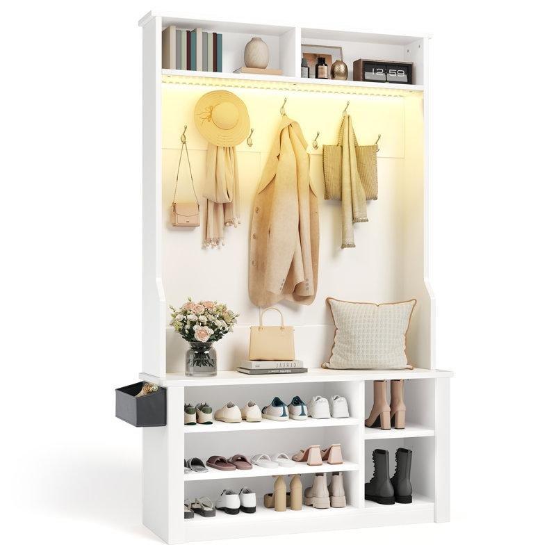 Beyaz MDF Oturaklı Ayakkabılıklı ve LED Işıklı Portmanto Vestiyer - 159643