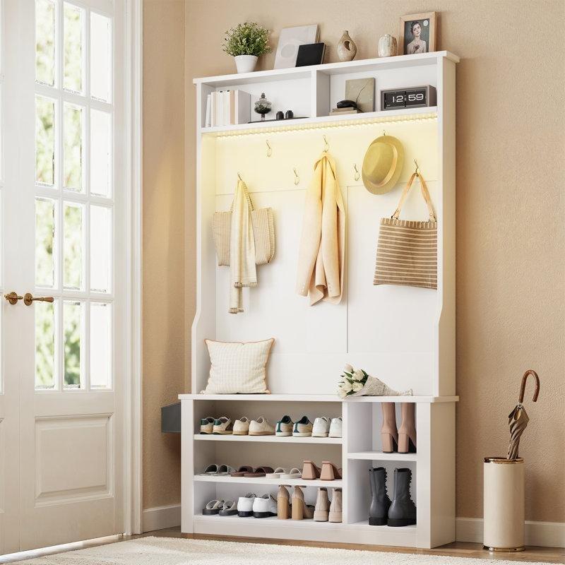 Beyaz MDF Oturaklı Ayakkabılıklı ve LED Işıklı Portmanto Vestiyer - 159643