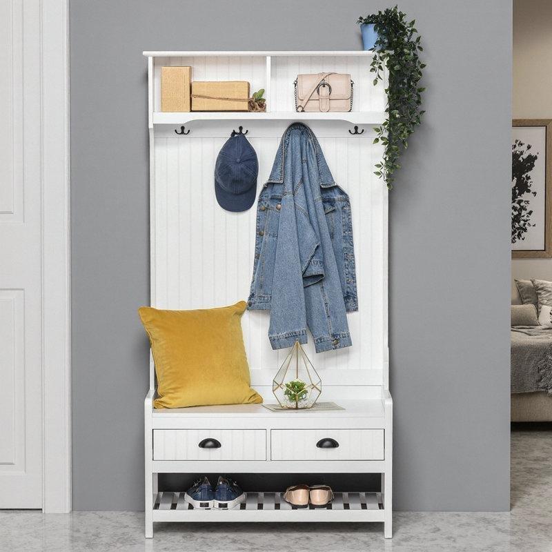 Beyaz MDF Oturaklı Çekmeceli ve Askılı Portmanto Vestiyer - 89x42x173 cm - 159457
