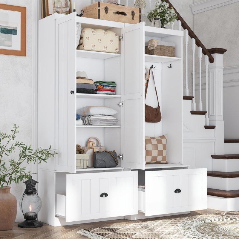 Beyaz MDF Oturaklı Çekmeceli ve Dolaplı İkili Portmanto Vestiyer Seti - 141 cm - 159691