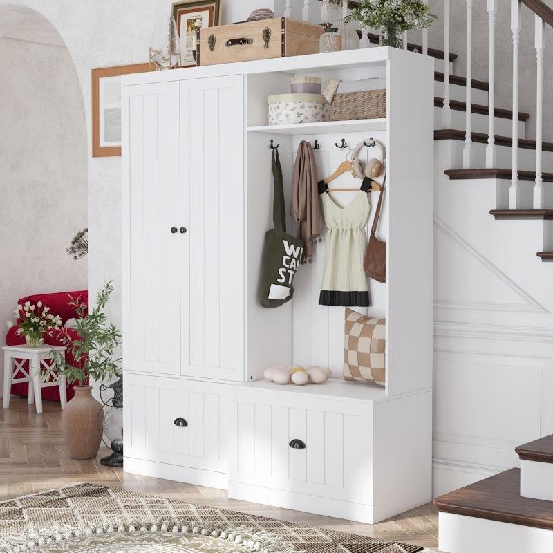 Beyaz MDF Oturaklı Çekmeceli ve Dolaplı İkili Portmanto Vestiyer Seti - 141 cm - 159691