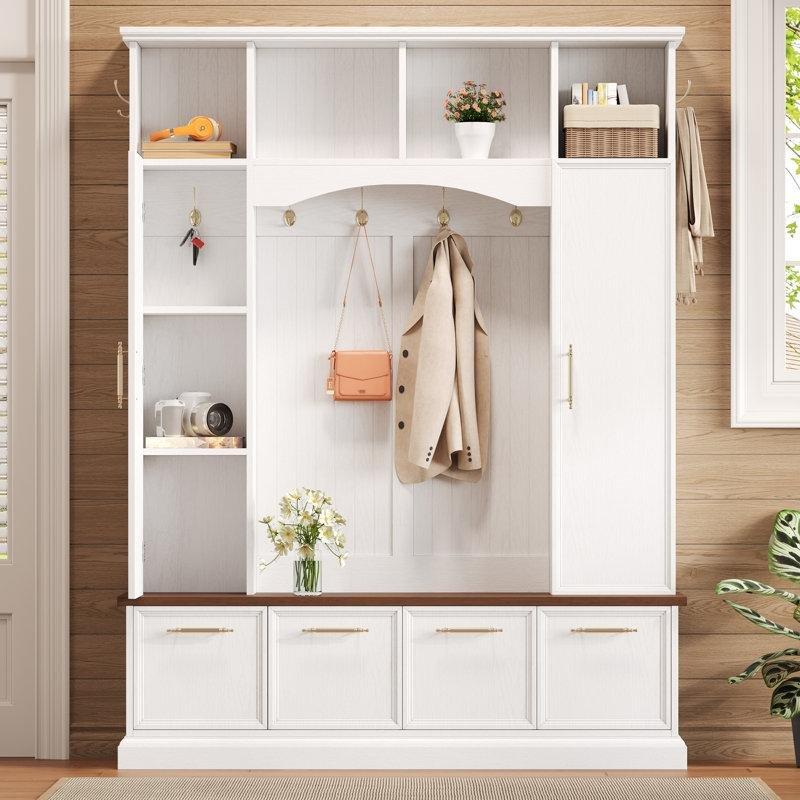 Beyaz MDF Oturaklı Raflı ve 8 Askılı Portmanto Vestiyer - 150 cm - 159886