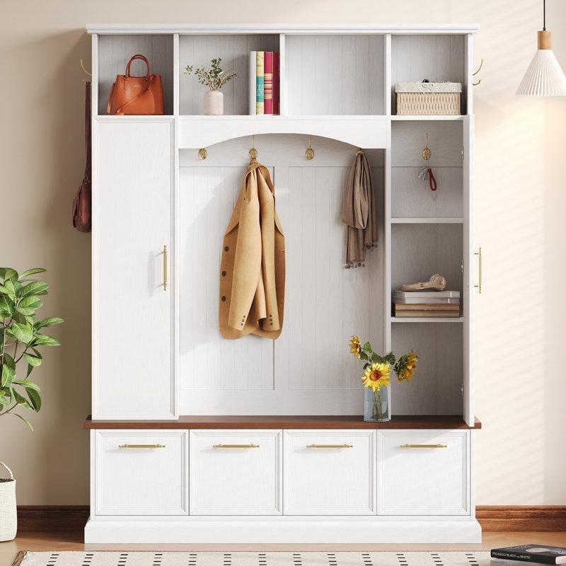 Beyaz MDF Oturaklı Raflı ve 8 Askılı Portmanto Vestiyer - 150 cm - 159886