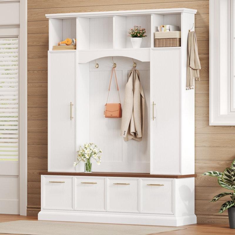 Beyaz MDF Oturaklı Raflı ve 8 Askılı Portmanto Vestiyer - 150 cm - 159886