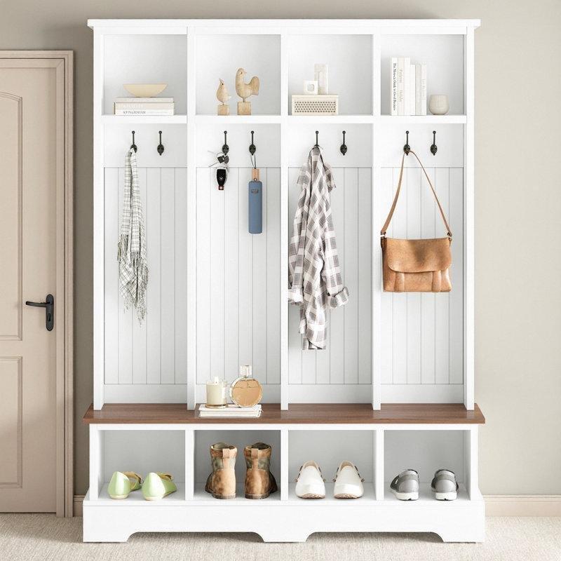 Beyaz MDF Oturaklı ve 8 Askılı Portmanto Vestiyer - 150 cm - 159481