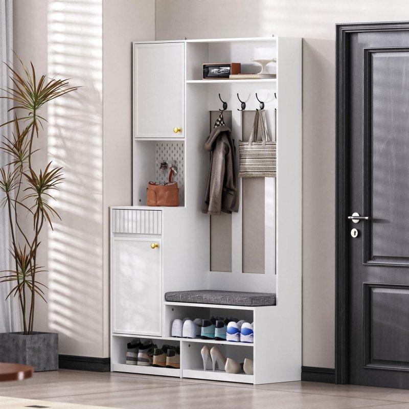 Beyaz MDF Oturaklı ve Askı Panolu Portmanto Vestiyer - 100x35x180 cm - 158767