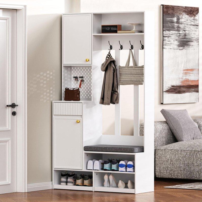 Beyaz MDF Oturaklı ve Askı Panolu Portmanto Vestiyer - 100x35x180 cm - 158767
