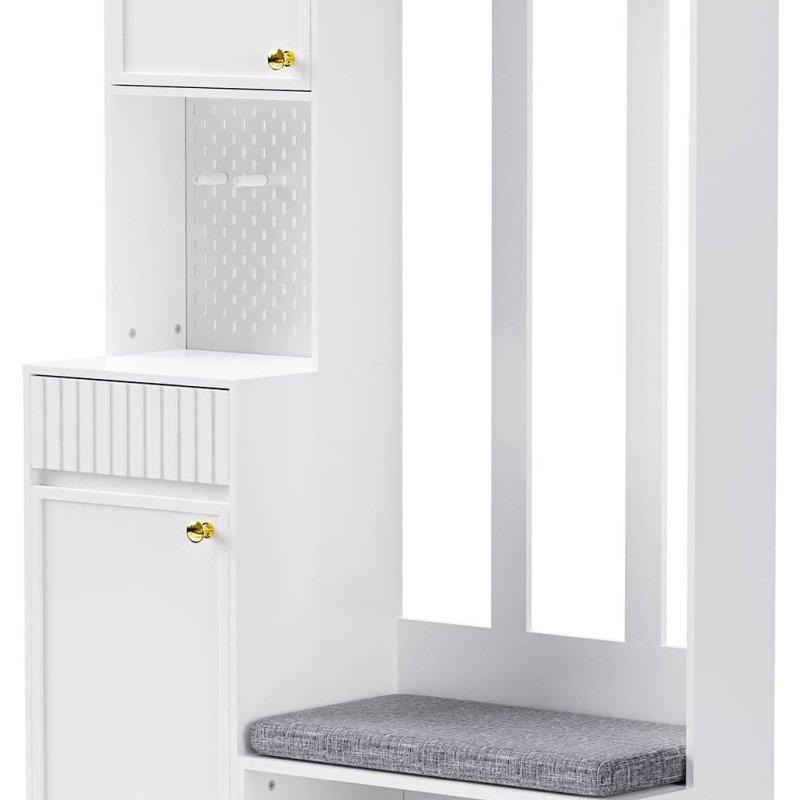 Beyaz MDF Oturaklı ve Askı Panolu Portmanto Vestiyer - 100x35x180 cm - 158767