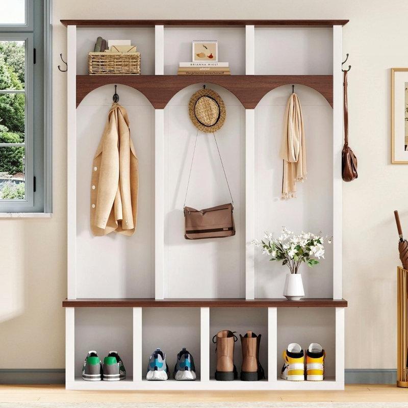 Beyaz MDF Oturaklı ve Ayakkabılıklı 5 Askılı Portmanto Vestiyer - 148 cm - 159715