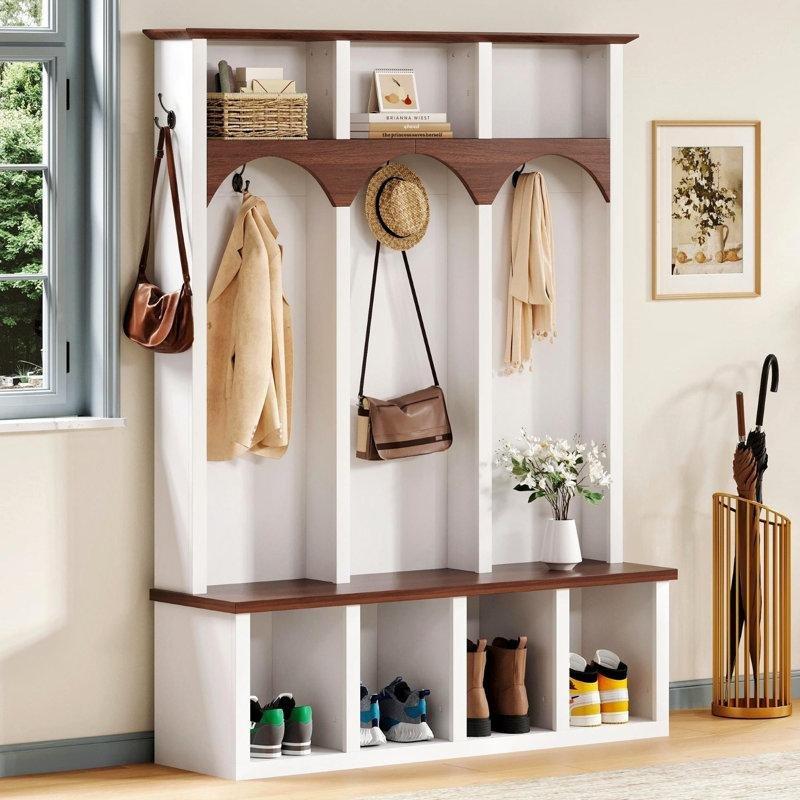 Beyaz MDF Oturaklı ve Ayakkabılıklı 5 Askılı Portmanto Vestiyer - 148 cm - 159715