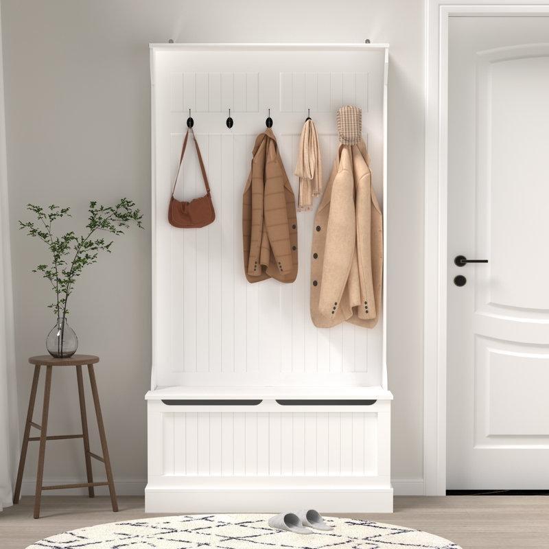 Beyaz MDF Oturaklı ve Ayakkabılıklı 5 Askılı Portmanto Vestiyer - 97 cm - 159673