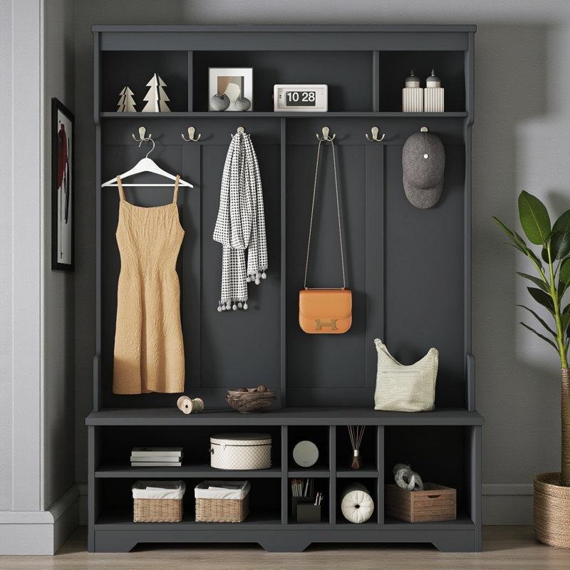 Beyaz MDF Oturaklı ve Ayakkabılıklı 6 Askılı Portmanto Vestiyer - 151 cm - 159850