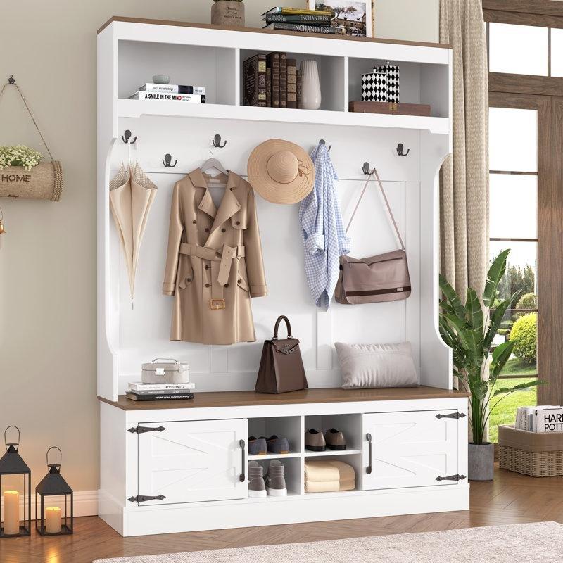 Beyaz MDF Oturaklı ve Ayakkabılıklı 7 Askılı Portmanto Vestiyer - 139 cm - 159511