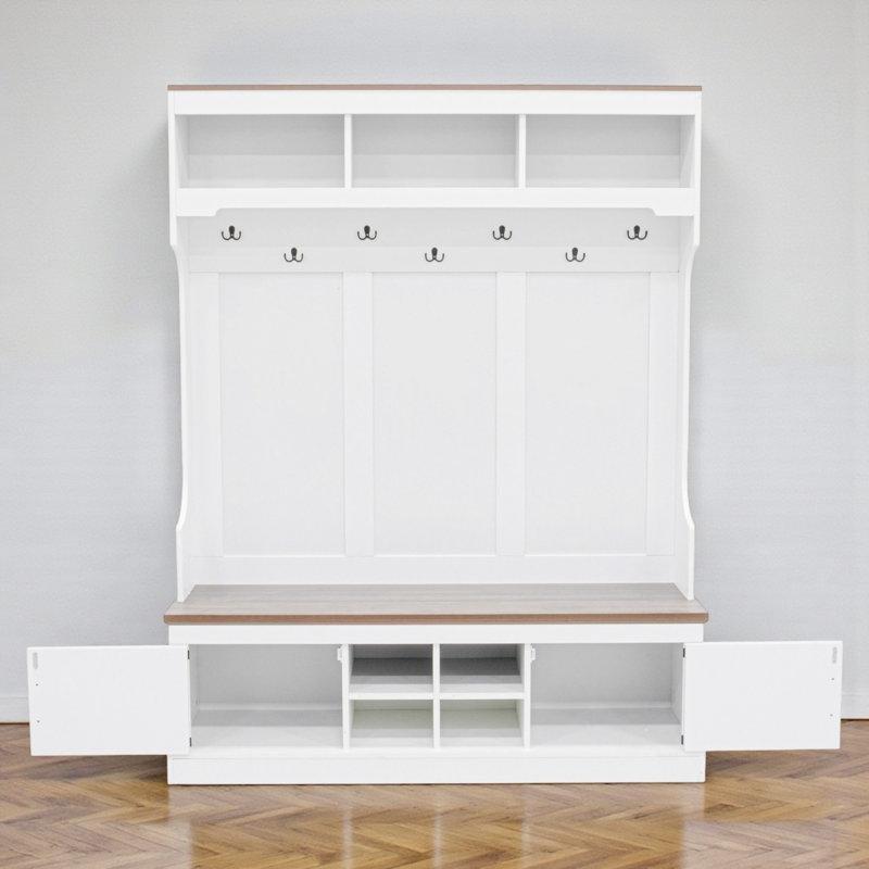 Beyaz MDF Oturaklı ve Ayakkabılıklı 7 Askılı Portmanto Vestiyer - 139 cm - 159511